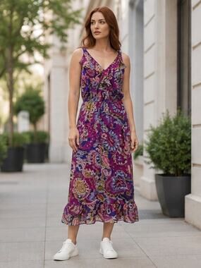 pure sugar Purple Midi Chiffon Paisley Lined Dress Women Size M
